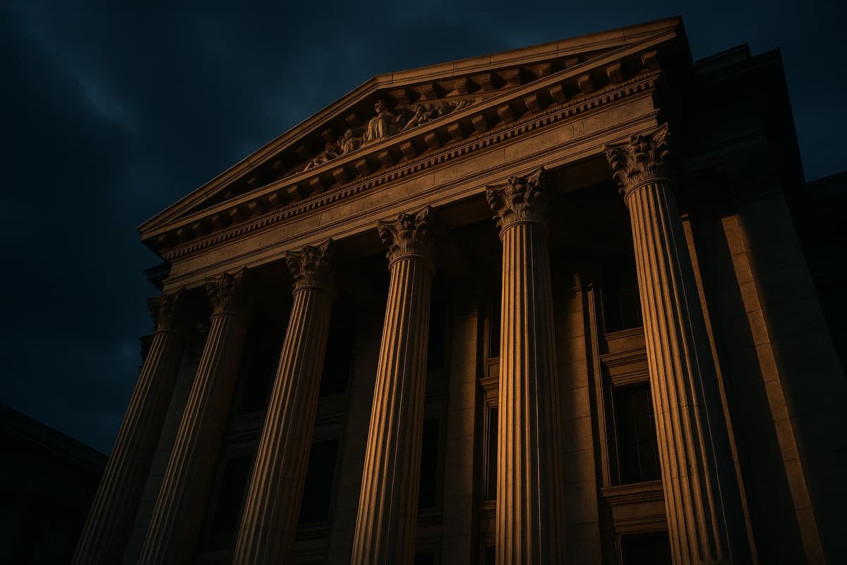 Courthouse columns at dusk