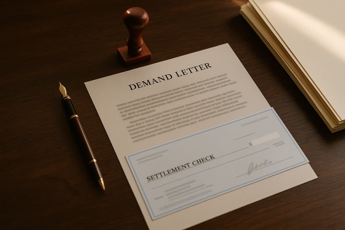 Demand letter and settlement check on a desk